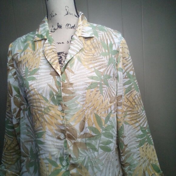 Cathy Daniels Blouse M Button Up Sheer Textured 3/4 Sleeve Floral Brown Green - Picture 10 of 16